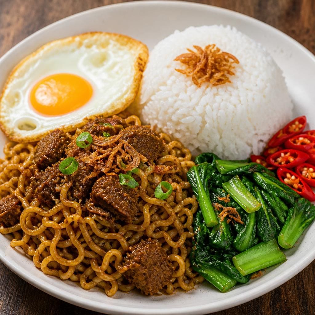 Mie Rendang + Telur + Nasi Warkop 3D